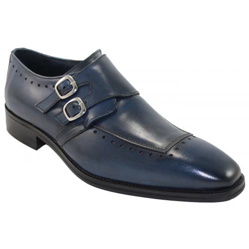 Duca Di Matiste 1409 Navy Genuine Italian Calfskin Dress Shoes With Double Monk Strap.